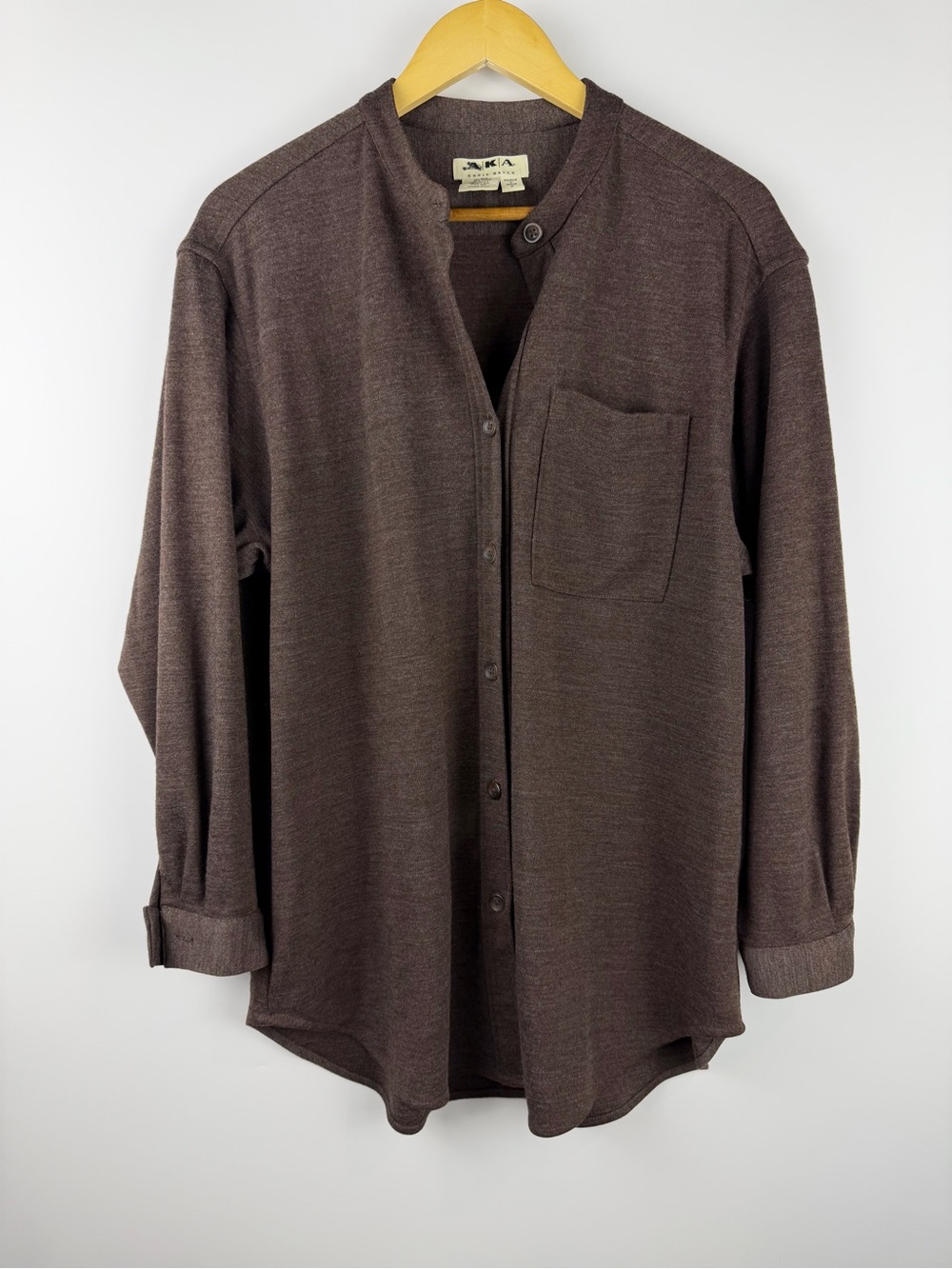 AKA Eddie Bauer Wool Blend Band Collar Shirt Brown Chest Pocket Made USA Sz M